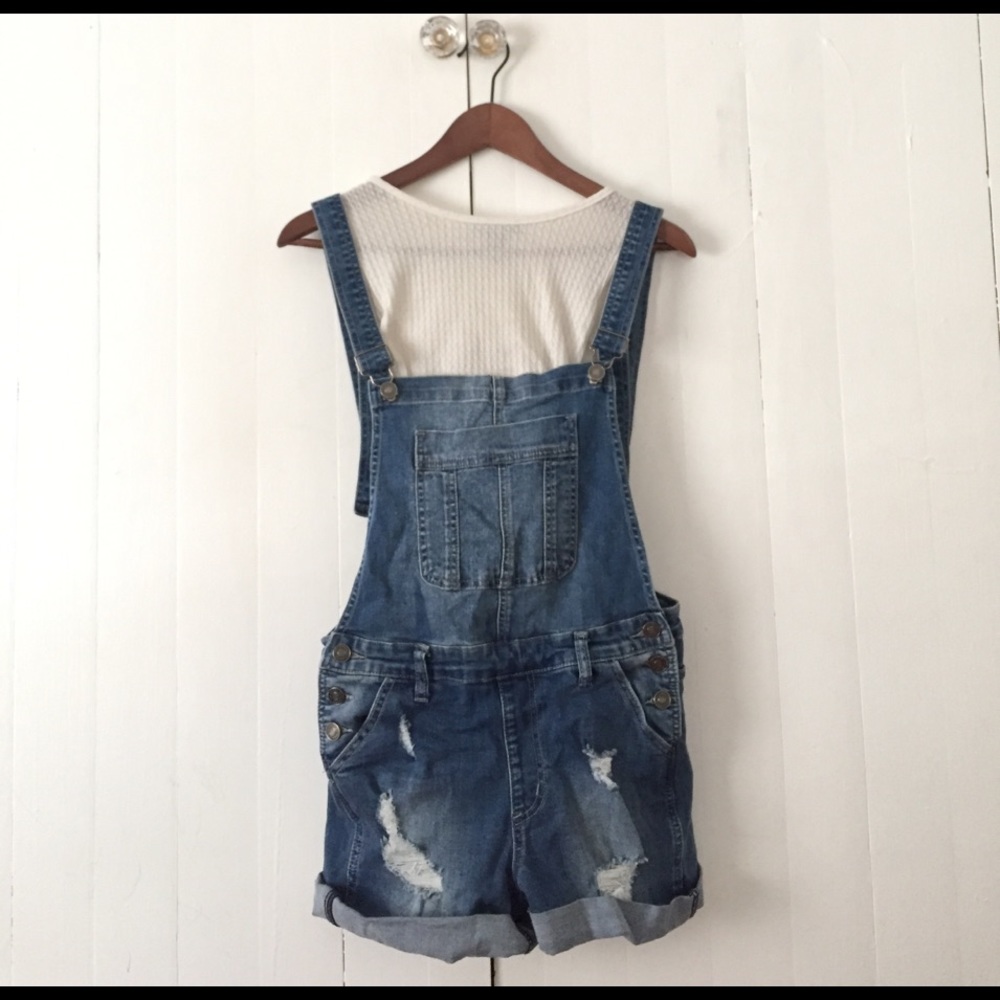 Short Distressed Jean Overalls
